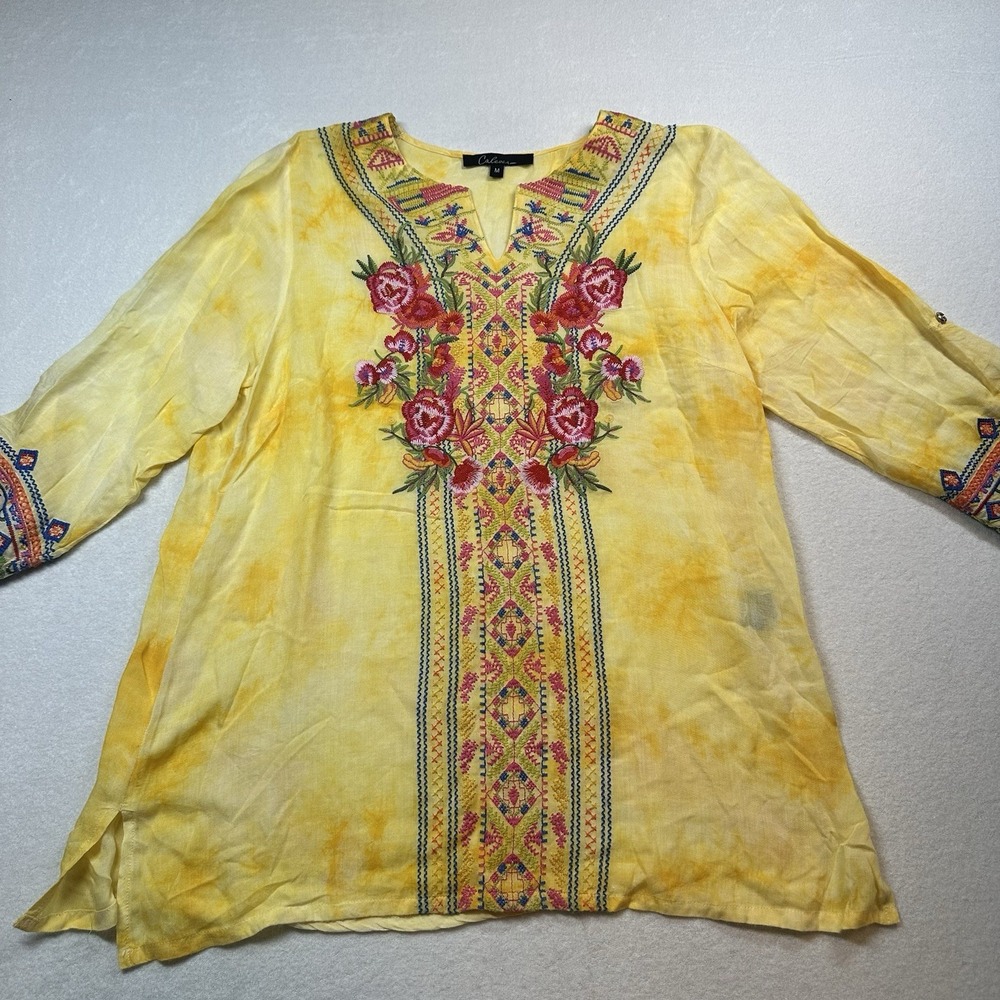 Calessa Womens Tunic Top M Yellow Embroidered 3/4 Sleeve Boho Blouse
